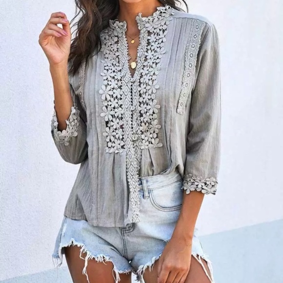 Gray Bohemian Lace Crochet Button Front Blouse - Picture 1 of 4